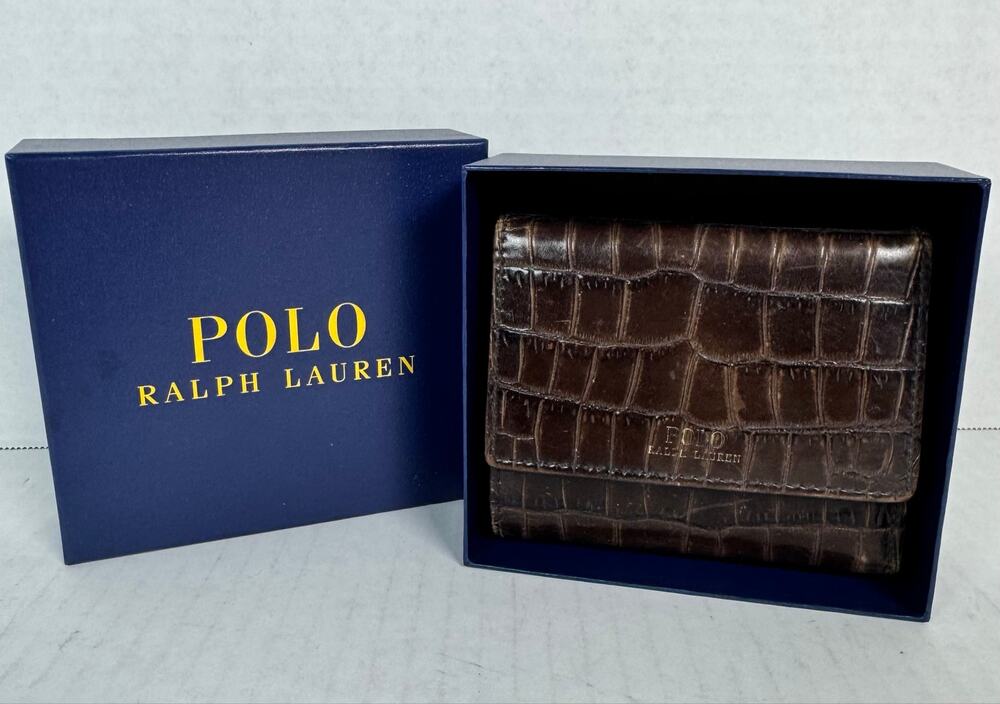 Polo Ralph Lauren Brown Croc Embossed Leather Trifold Wallet w/ Box